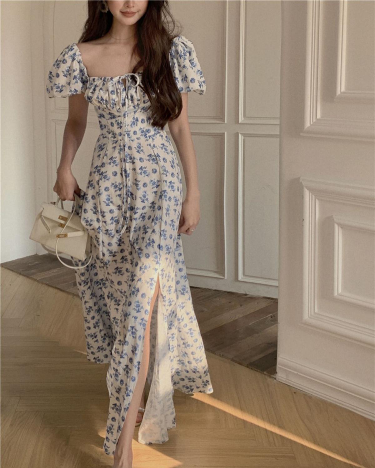 Voguable  2022 Dresses Women Side-slit French Style Print Leisure Puff Sleeve All-match Sexy Ladies Vestidos Vintage College Birthday Party New voguable