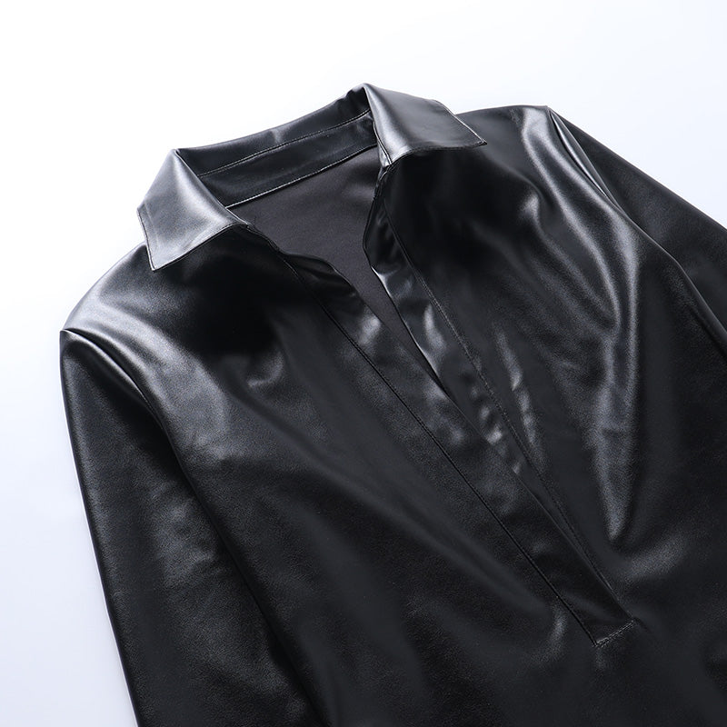 Voguable  2022 Pu Leather Deep V Neck Long Sleeve Loose Mini Dress Autumn Winter Women Fashion Casual Streetwear Outfits Club Y2K voguable