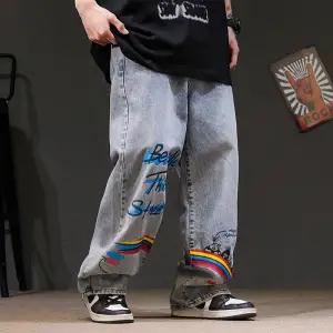 Voguable Rainbow Jeans Men Hip Hop Blue Pants Fashion Retro Baggy  Jeans Harajuku Summer High Street Casual Hip Hop Pant Streetwear Males voguable