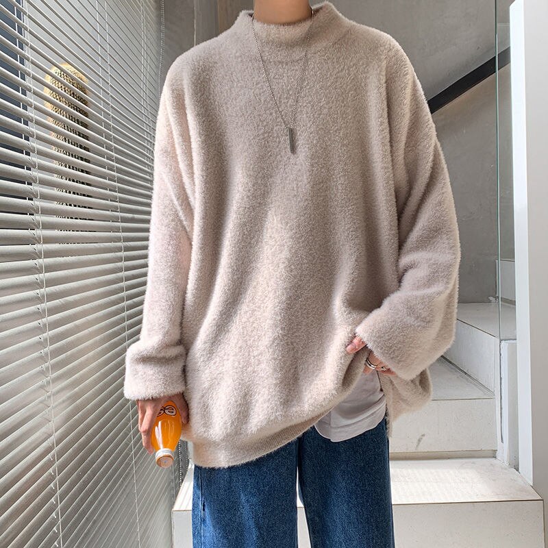 Voguable Autumn and Winter Fleece Men's Sweatshirt Loose Half High Collar Solid Color Trend Korean Wild Warm Lamb Velvet Sweater Men voguable