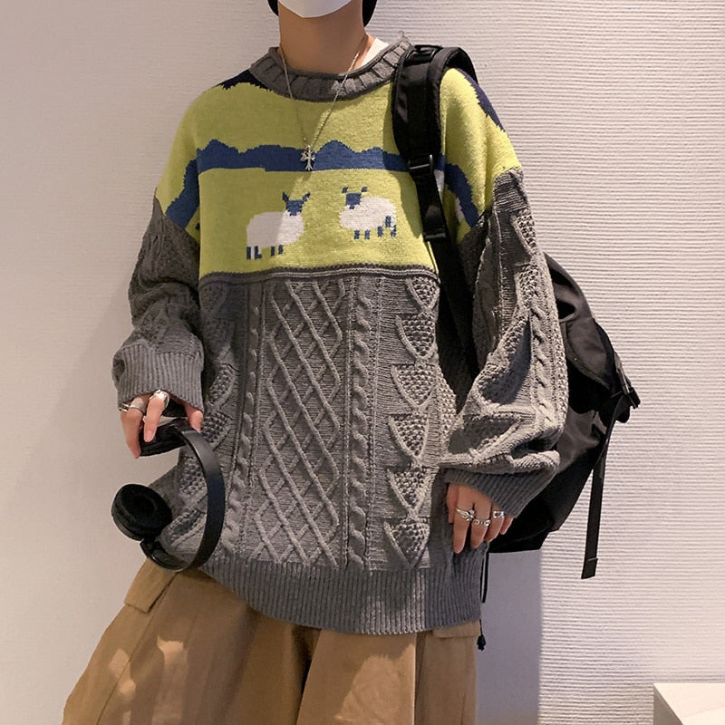 Voguable 2021 Harajuku Knitted Sweaters Cartoon Sheep Pullovers Men Hip Hop Streetwear Sweater Male Autumn Winter Loose Pullovers voguable