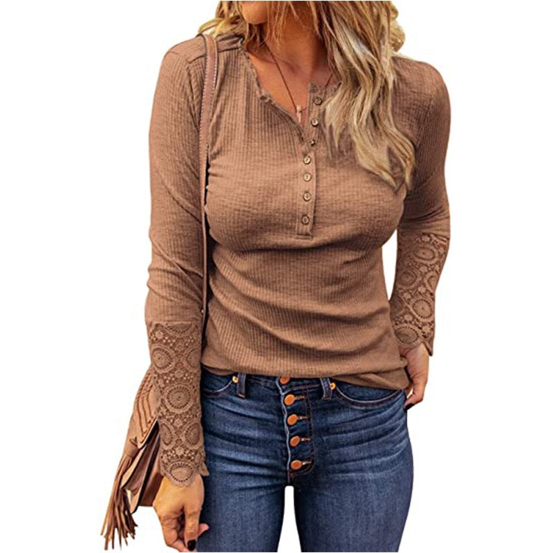 Voguable Lace Splicing Top Long Sleeve T Shirt Woman Button Slim Tops Tee Autumn Spring Patchwork Sleeve T-shirt Women Sexy Streetwear voguable