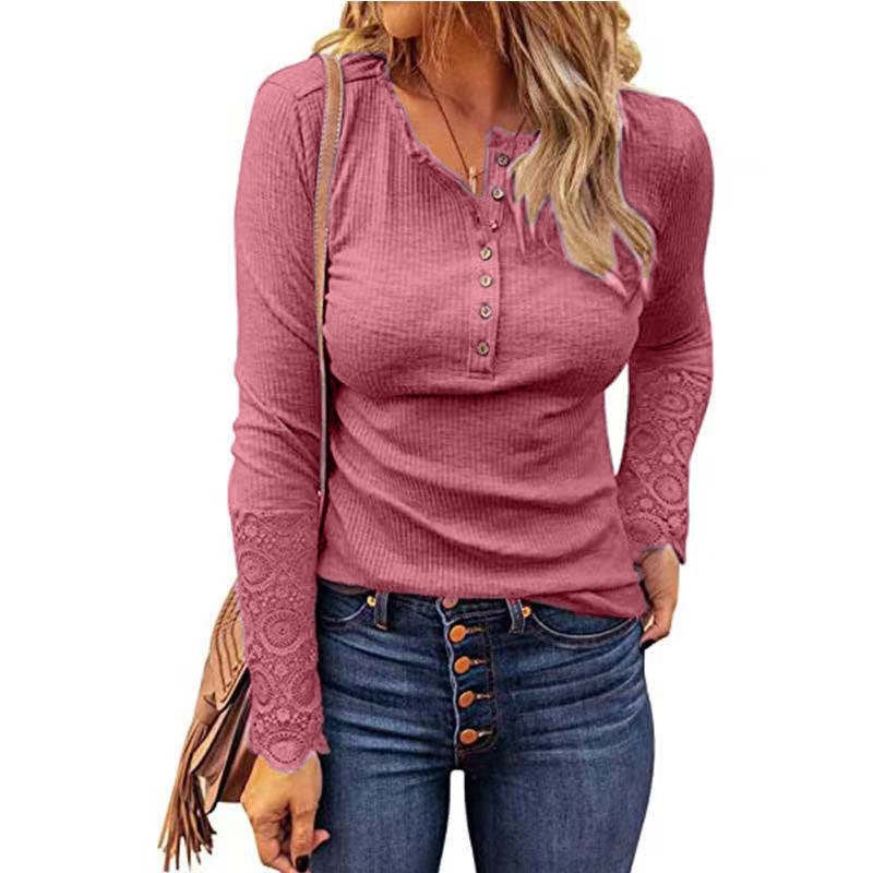 Voguable Lace Splicing Top Long Sleeve T Shirt Woman Button Slim Tops Tee Autumn Spring Patchwork Sleeve T-shirt Women Sexy Streetwear voguable