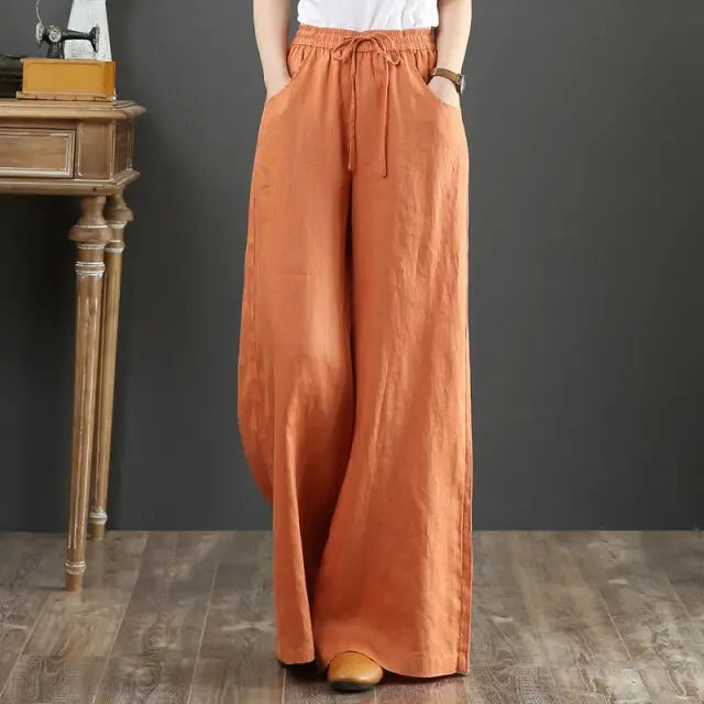 Linen Wide-Leg Pants Women's Summer Artistic Retro High Waist Lace-up Cotton and Linen Straight-Leg Pants Drooping Slimming voguable