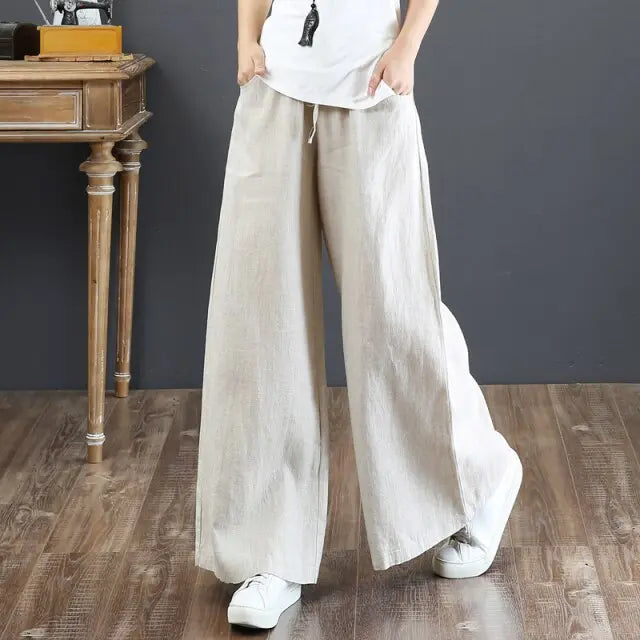 Linen Wide-Leg Pants Women's Summer Artistic Retro High Waist Lace-up Cotton and Linen Straight-Leg Pants Drooping Slimming voguable