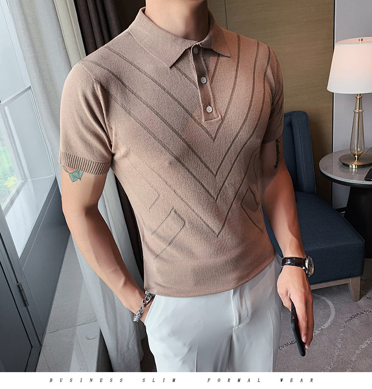 Voguable 2022 New Man Solid Color Stripped Ice silk knitting Polo Shirt Casual  British style Slim Men Short Sleeve High Quantity polo voguable