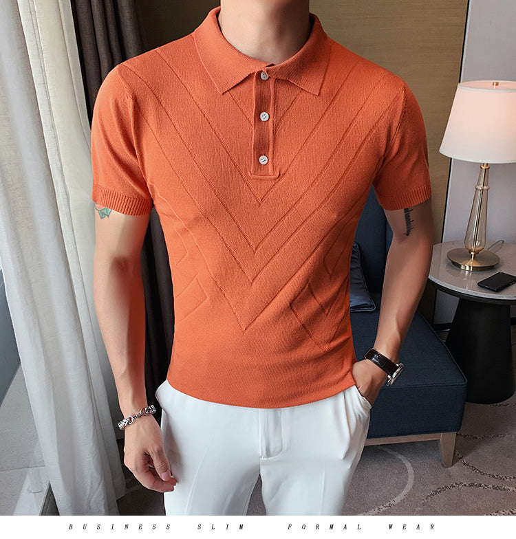 Voguable 2022 New Man Solid Color Stripped Ice silk knitting Polo Shirt Casual  British style Slim Men Short Sleeve High Quantity polo voguable