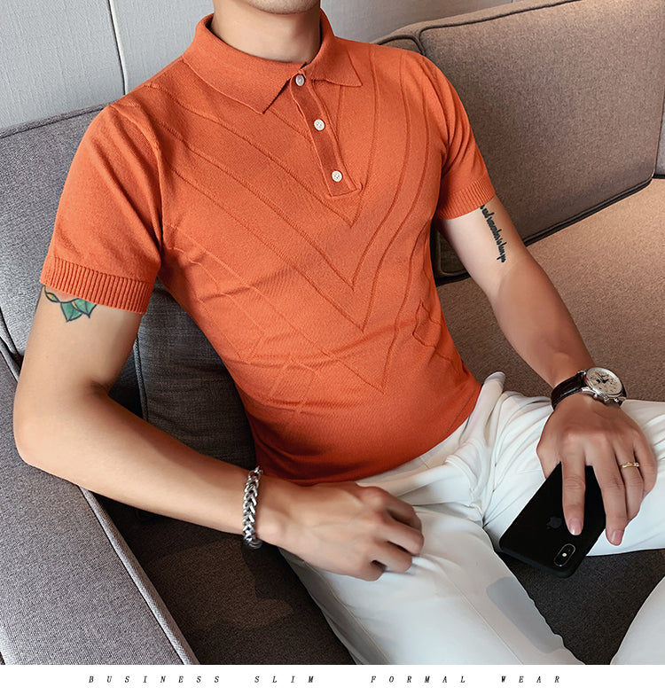 Voguable 2022 New Man Solid Color Stripped Ice silk knitting Polo Shirt Casual  British style Slim Men Short Sleeve High Quantity polo voguable