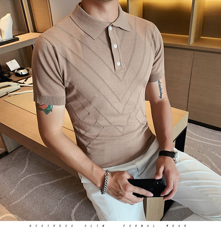 Voguable 2022 New Man Solid Color Stripped Ice silk knitting Polo Shirt Casual  British style Slim Men Short Sleeve High Quantity polo voguable