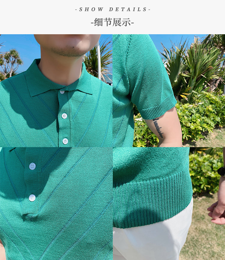 Voguable 2022 New Man Solid Color Stripped Ice silk knitting Polo Shirt Casual  British style Slim Men Short Sleeve High Quantity polo voguable