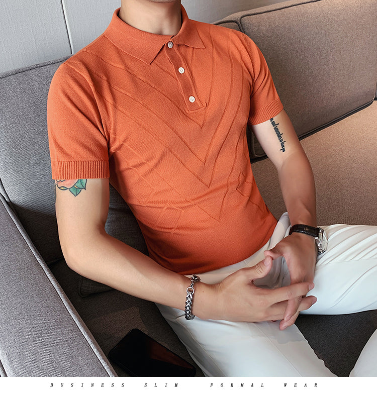 Voguable 2022 New Man Solid Color Stripped Ice silk knitting Polo Shirt Casual  British style Slim Men Short Sleeve High Quantity polo voguable