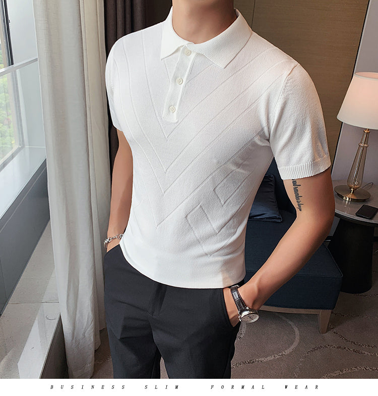 Voguable 2022 New Man Solid Color Stripped Ice silk knitting Polo Shirt Casual  British style Slim Men Short Sleeve High Quantity polo voguable