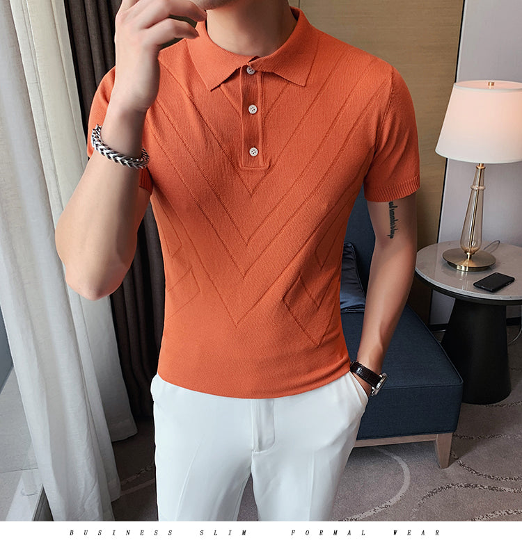 Voguable 2022 New Man Solid Color Stripped Ice silk knitting Polo Shirt Casual  British style Slim Men Short Sleeve High Quantity polo voguable