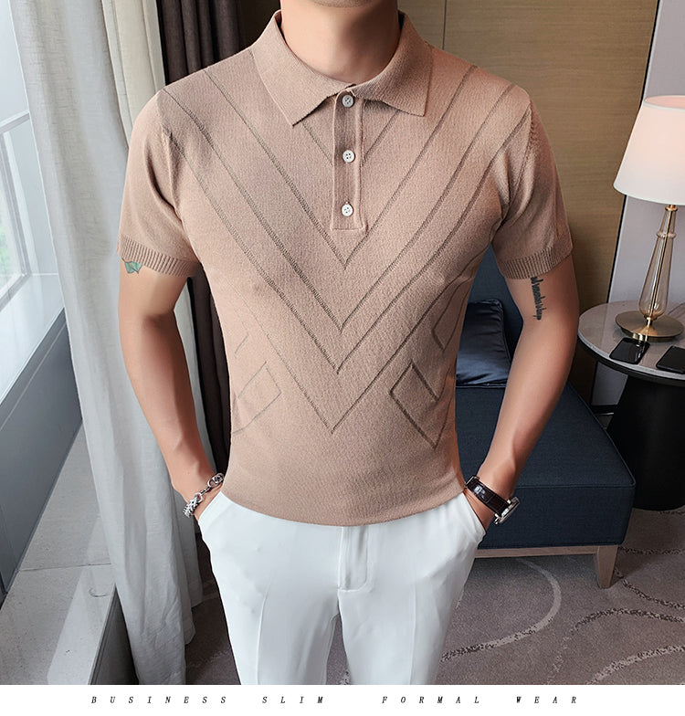 Voguable 2022 New Man Solid Color Stripped Ice silk knitting Polo Shirt Casual  British style Slim Men Short Sleeve High Quantity polo voguable