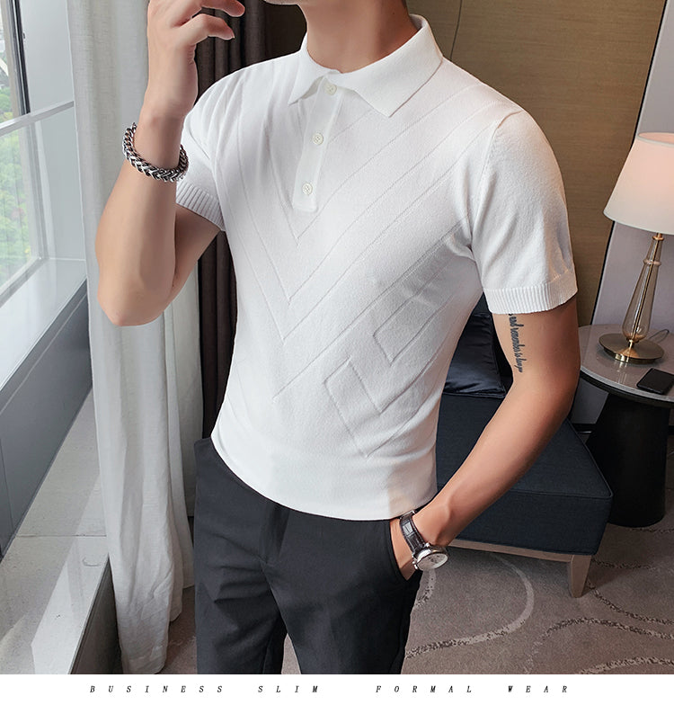 Voguable 2022 New Man Solid Color Stripped Ice silk knitting Polo Shirt Casual  British style Slim Men Short Sleeve High Quantity polo voguable