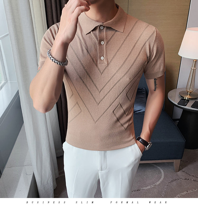Voguable 2022 New Man Solid Color Stripped Ice silk knitting Polo Shirt Casual  British style Slim Men Short Sleeve High Quantity polo voguable