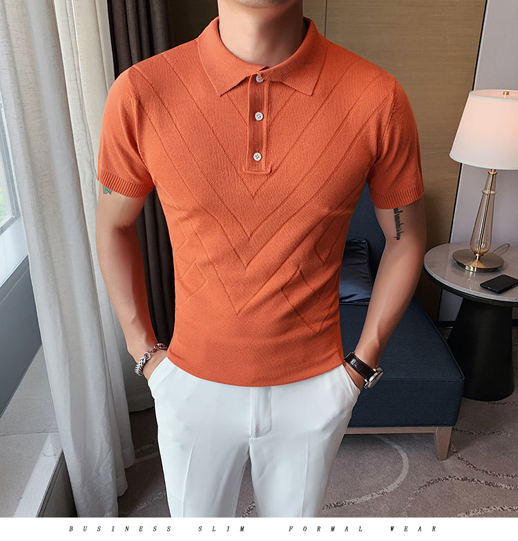Voguable 2022 New Man Solid Color Stripped Ice silk knitting Polo Shirt Casual  British style Slim Men Short Sleeve High Quantity polo voguable