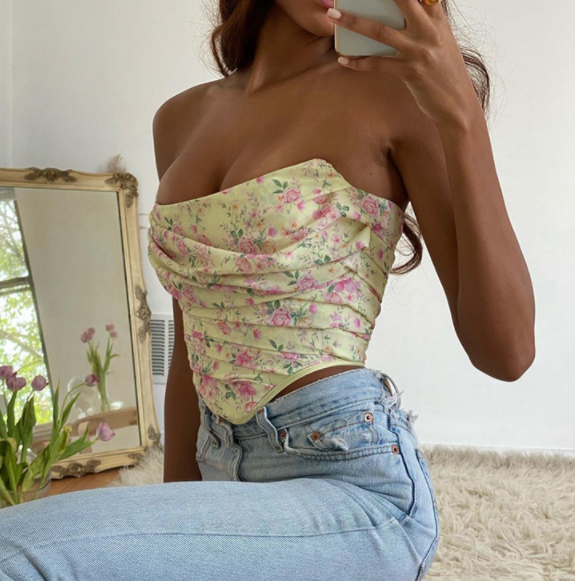 Voguable Boned Floral Crop Top Women Ruched Off Shoulder Sexy Corset Vintage Sweet Print Tops Summer Backless Bustier  New voguable