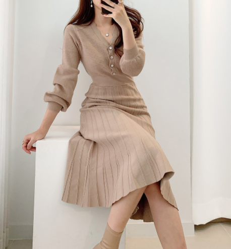 Vintage Elegant Knitted Beige Midi Dress 2022 New Autumn Long Sleeve Slim Woman Sweater Dresses One-Piece Woman Pleated Dress voguable
