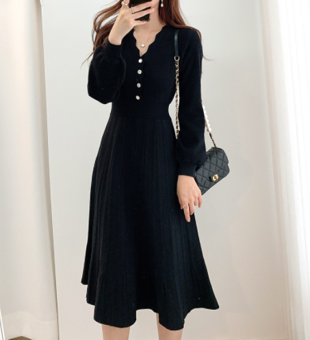 Vintage Elegant Knitted Beige Midi Dress 2022 New Autumn Long Sleeve Slim Woman Sweater Dresses One-Piece Woman Pleated Dress voguable