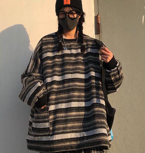 Voguable Pullover Women Vintage Striped Sweater Oversize Long Sleeve Couples Knitted Tops Hip Hop Fashion Streetwear Pullover Female voguable