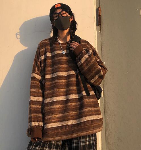 Voguable Pullover Women Vintage Striped Sweater Oversize Long Sleeve Couples Knitted Tops Hip Hop Fashion Streetwear Pullover Female voguable