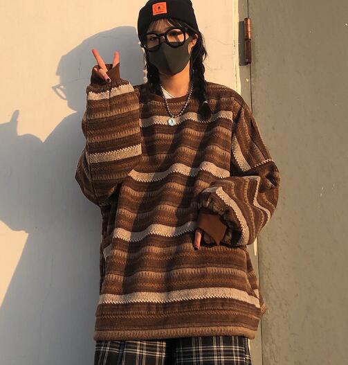 Voguable Pullover Women Vintage Striped Sweater Oversize Long Sleeve Couples Knitted Tops Hip Hop Fashion Streetwear Pullover Female voguable