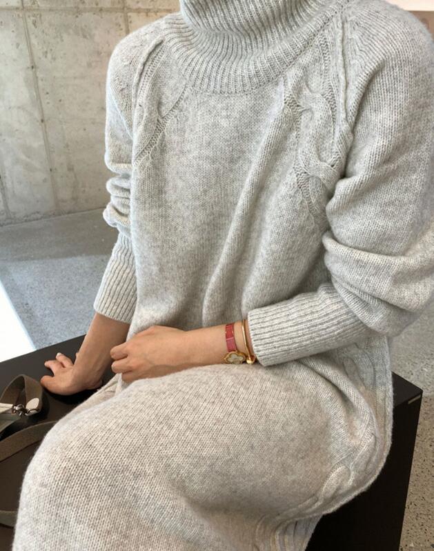 Voguable Turtleneck Full Sleeve Oversized Knit Dress Female 2021 Winter Vestidos Casual Thick Twisted Women Long Sweater Dress voguable