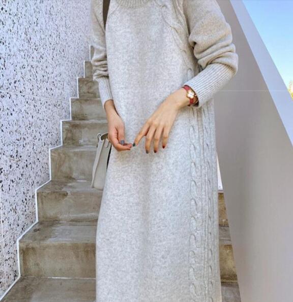 Voguable Turtleneck Full Sleeve Oversized Knit Dress Female 2021 Winter Vestidos Casual Thick Twisted Women Long Sweater Dress voguable