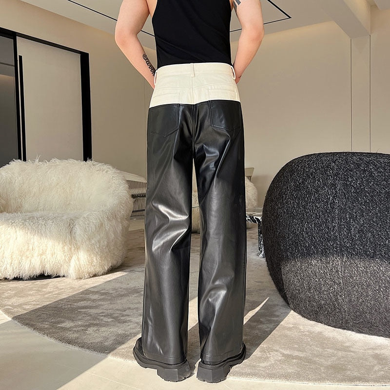 Designer Denim Matching PU Leather Color Contrast Versatile Straight Pants Wide Leg Male Trousers High Street 9A7434 voguable