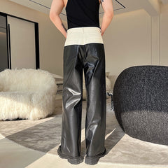Designer Denim Matching PU Leather Color Contrast Versatile Straight Pants Wide Leg Male Trousers High Street 9A7434 voguable