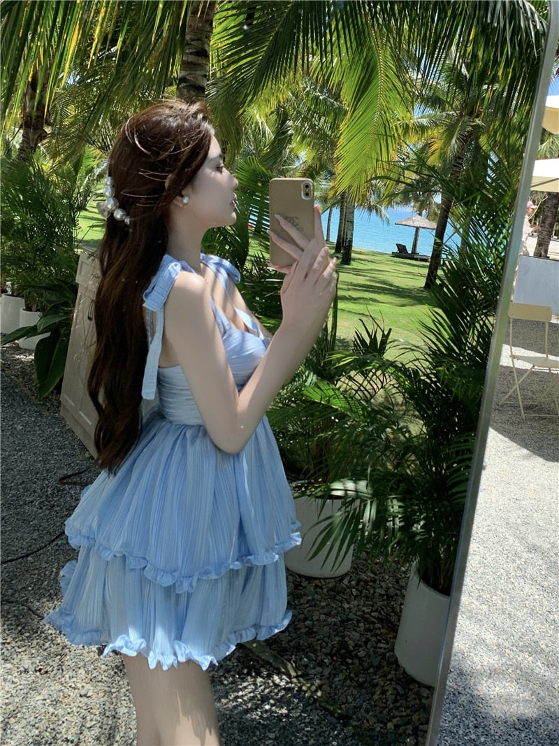 Voguable  Fashion Women Spaghetti Strap Ruffle Cake Chiffon Dress Sexy Ladies Floral Print Holiday Party Mini Dress Summer Robe voguable