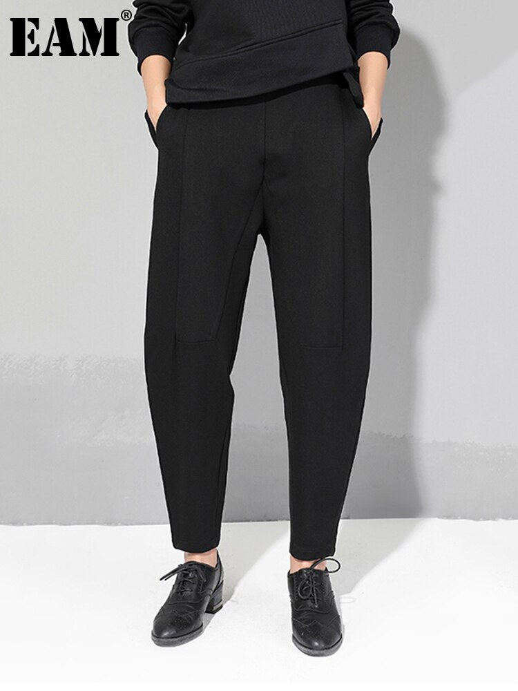 New Spring Autumn High Elastic Waist Black Loose Patchwork Split Joint Brief Pants Women Trousers Fashion Tide voguable
