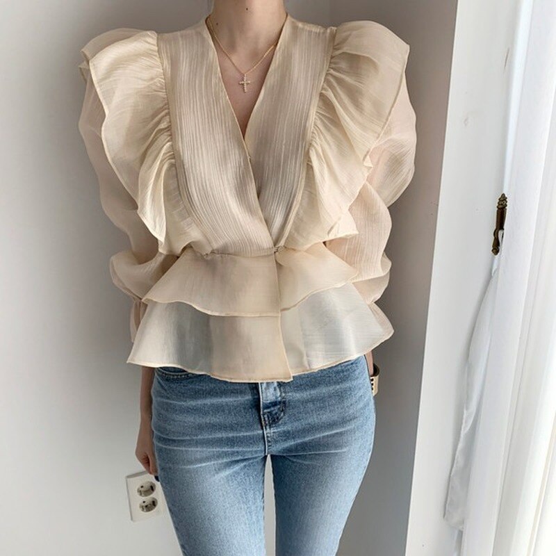 Spring Vintage Chiffon Blouse Women Ruffled V-neck Solid Woman's Shirt Tops Solid Sweet Long Sleeve Female Blouses voguable