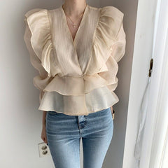 Spring Vintage Chiffon Blouse Women Ruffled V-neck Solid Woman's Shirt Tops Solid Sweet Long Sleeve Female Blouses voguable