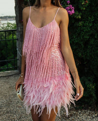 2022 Summer Pink Party Dress Evening Luxury Sequined Tassel Feather Dress Women Clothes Sexy Bodycon Dress Club Outfits Vestidos voguable