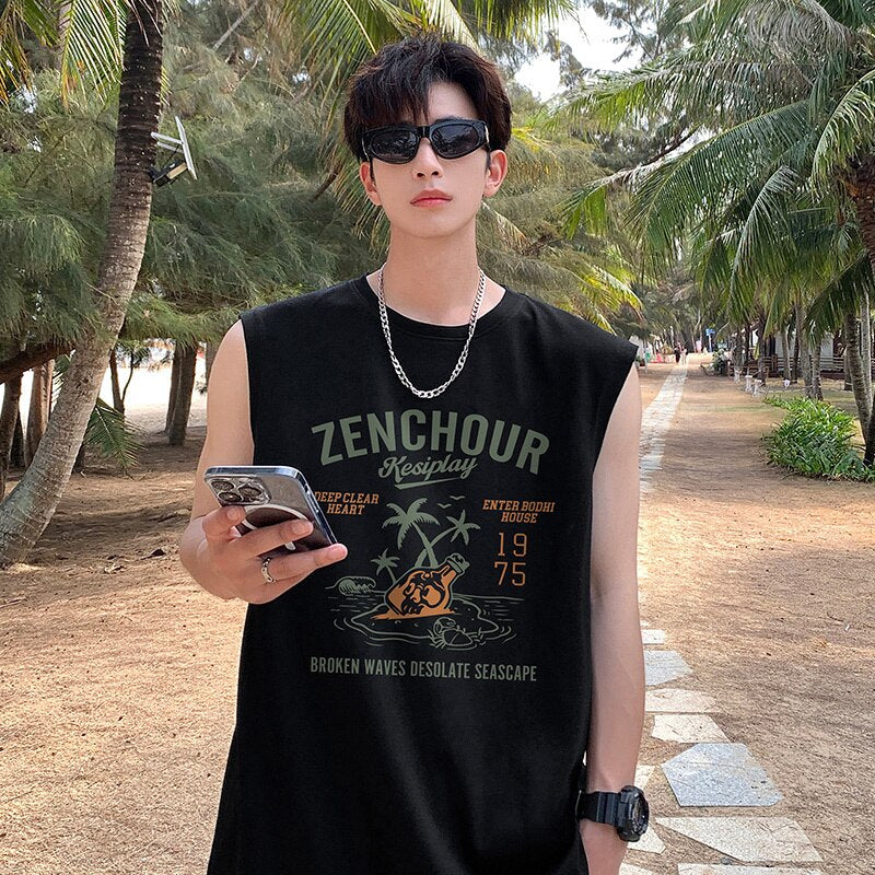 Sleeveless Tank Top Ins American Printed Men Loose T-shirt Beach Sports Casual Tops Male Summer New Cotton Round Neck Tees voguable