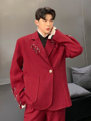 Autumn Winter Personalized Design Iron Ring Decoration Wine Red Suit New Korean Fashion Solid Color Male Luxury 9A5225 voguable