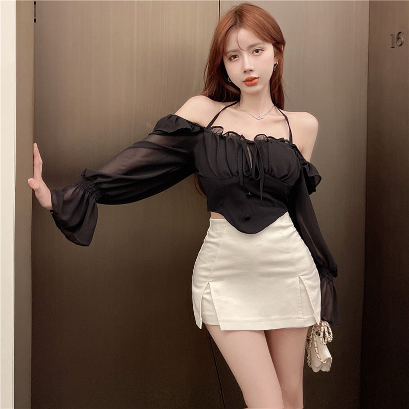 Ladies Sexy Halter Strap Short Chiffon Top Korean Autumn Long Sleeve Slim Shirt Solid Color White Fashion Clothes voguable