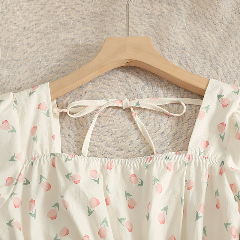 Voguable  Chic Dress Women 2022 Summer Floral Printed Square Collar Puff Sleeves High Waist Slim A-line Vintage Dresses voguable