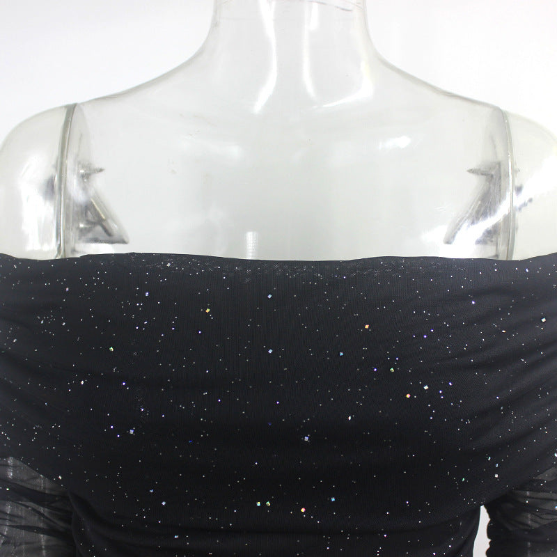 Voguable  2022 Women Sexy Backless Off Shoulder Mesh Long Sleeves Autumn Dress Black Glitter Mini DressesClub Party Bodycon Vestidos voguable