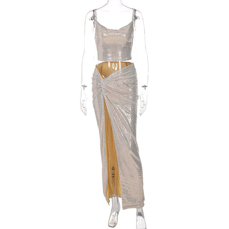 Voguable  Sleeveless Lady Maxi Dresses Elegant Women Two Piece Irregular Party Dress Floor Length Dress Draped High Slit Dress Club Wear voguable
