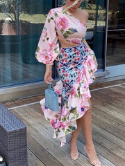 Voguable 2022 Summer New Ladies Fashion Tube Top Single Sleeve + Waist Splicing Skirt Sexy Elegant Ladies Asymmetric Skirt Suit voguable
