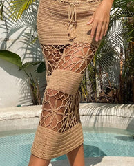 Voguable  Khaki Handmade Crochet Midi Skirts Women Summer Drawstring Waist Hollow Out Long Skirt Beach Bikini Coverup Bottom 2022 voguable