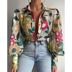 Print Ladies Lantern Sleeve Blouses Fashion Spring Office Lady Vintage Floral Shirt Tops Button Up Long Sleeve Shirts voguable
