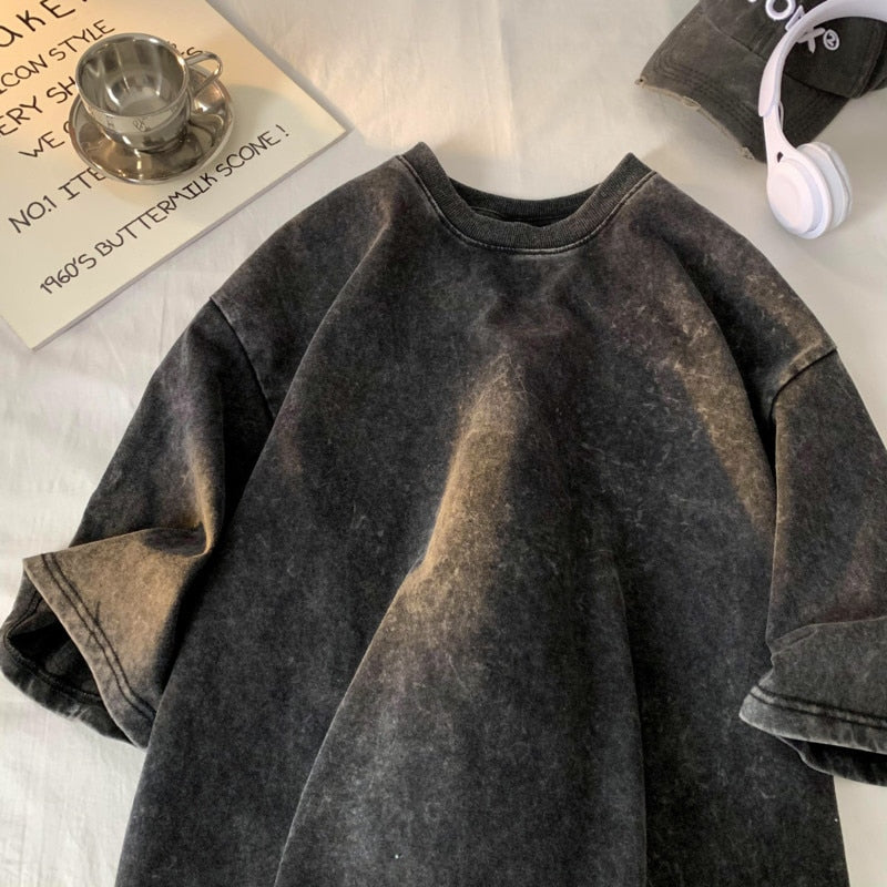 Quality Oversized Acid Washed T Shirt Women Vintage T-shirts Streetwear Mineral Wash Tee Shirts Girl Loose Luxury Brand Tops voguable