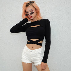 Bodycon Criss Cross Bandage T-shirt Women Long Sleeve Hollow Out T Shirts Femme Streetwear Crop Tops Tees Autumn voguable