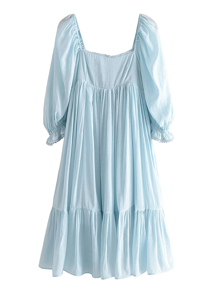 2022 Fashion Women Vintage Sky Blue Puff Sleeve Dress Sweet Lace Trim Square Neck Pleated Ladies Dress Midi Robe voguable