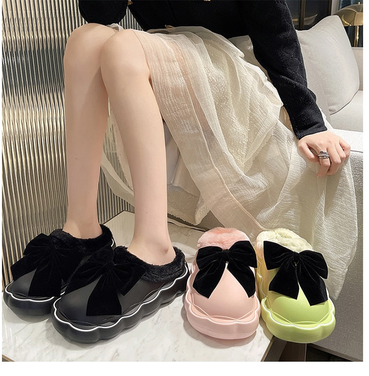 Med Fur Shoes Slippers Casual Slides Cover Toe Platform Slipers Women Butterfly-Knot Plush Luxury Flat Rome PU Fabric Fashi voguable