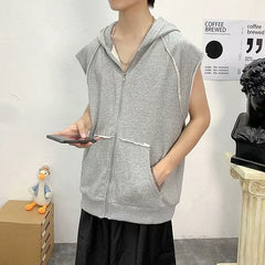 With Hat Vests Man Loose Trendy Waistcoats Students Zipper Solid Pockets Casual All-match Simple Sleeveless Jackets Korean Style voguable